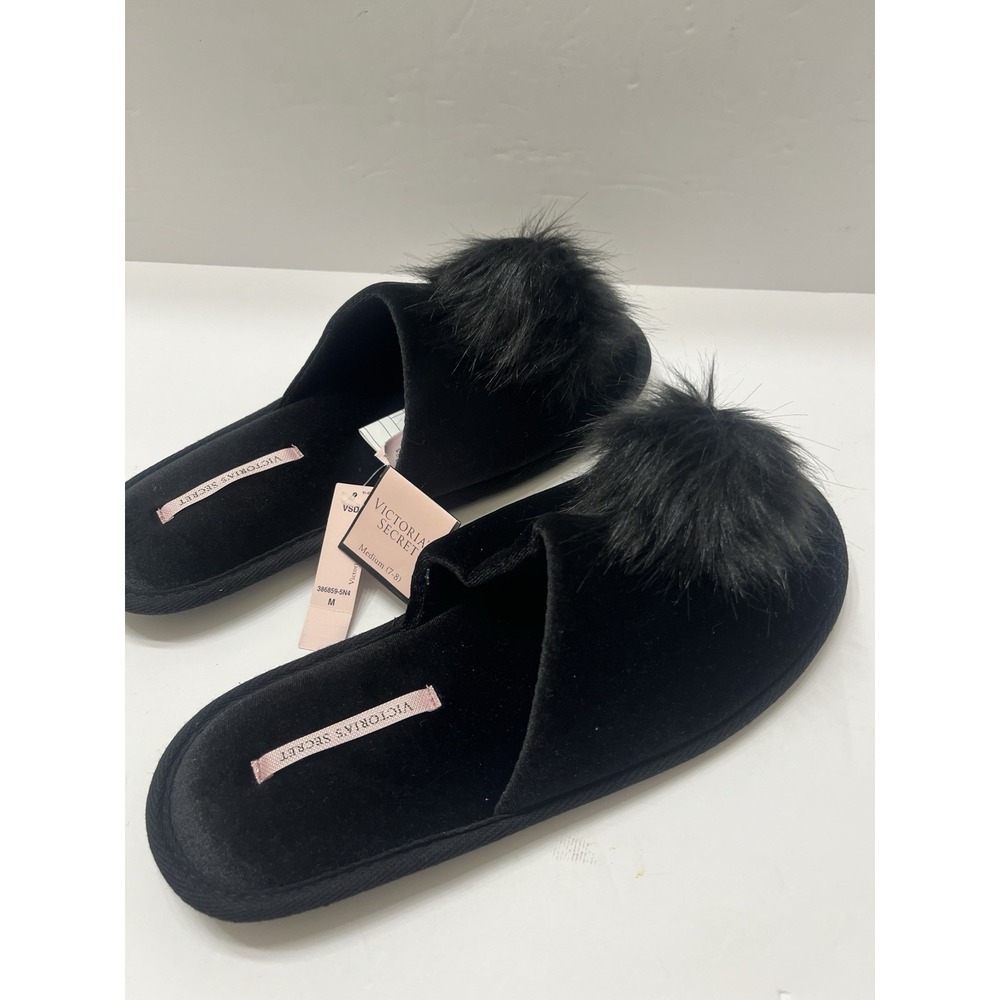 Victoria's Secret Black Padded Pom Pom Fur Ball Faux Fir Slippers Women's M NWT